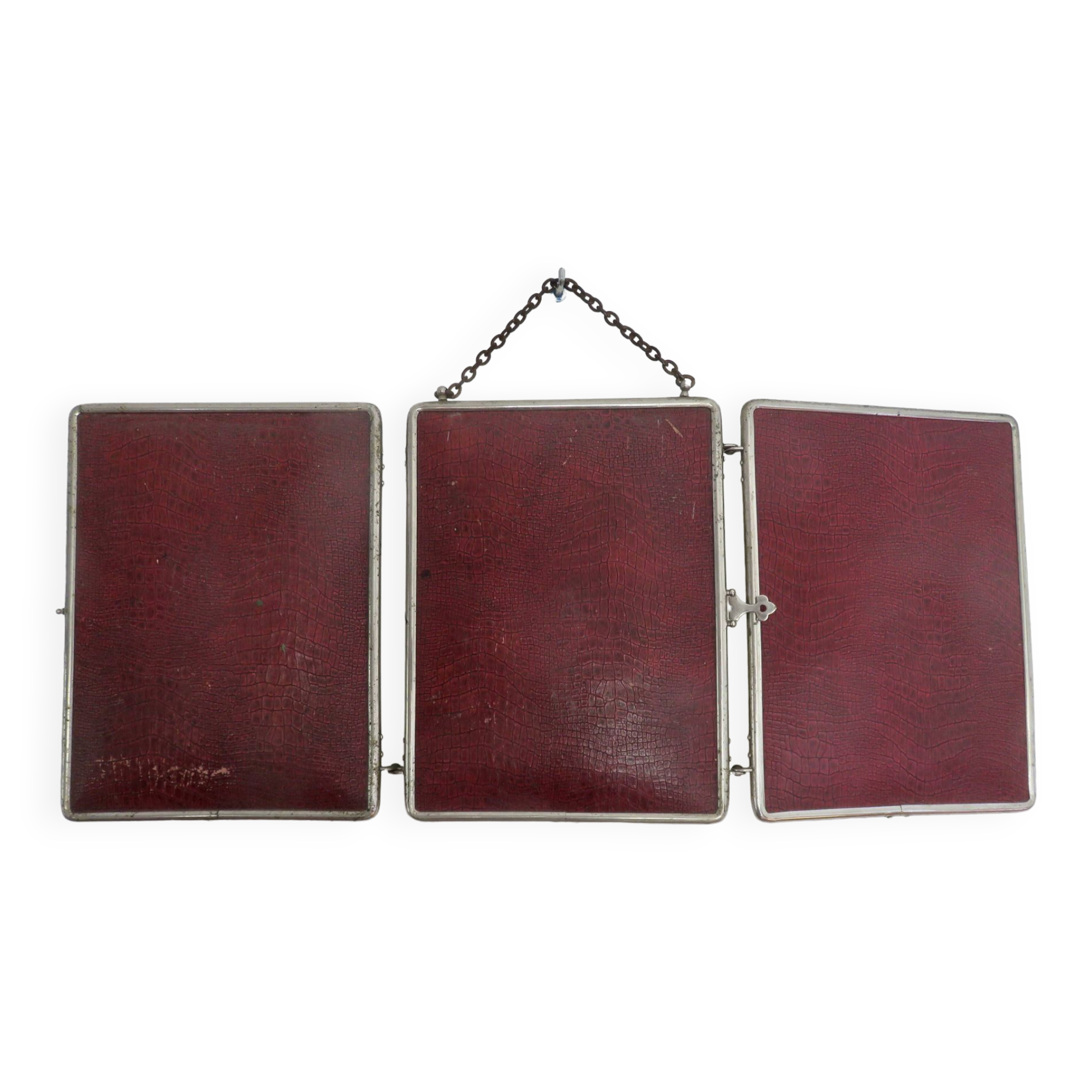 Miroir de barbier triptyque à chainette avec fermoir années 30 40