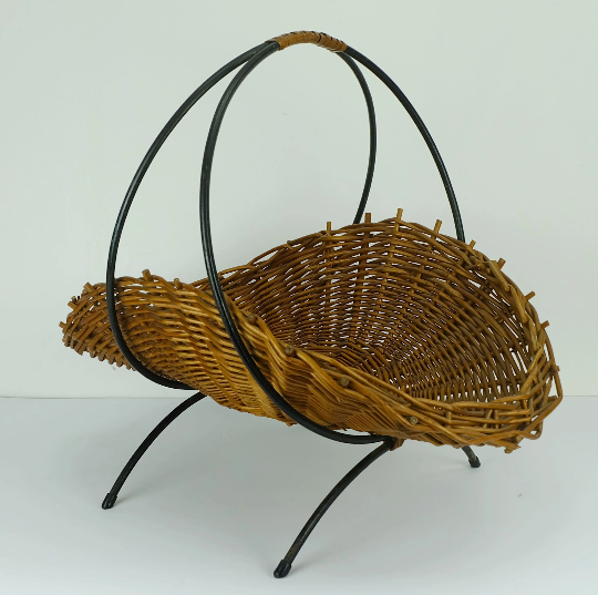 willow BASKET with black metal frame mid century 1950s fruit basket