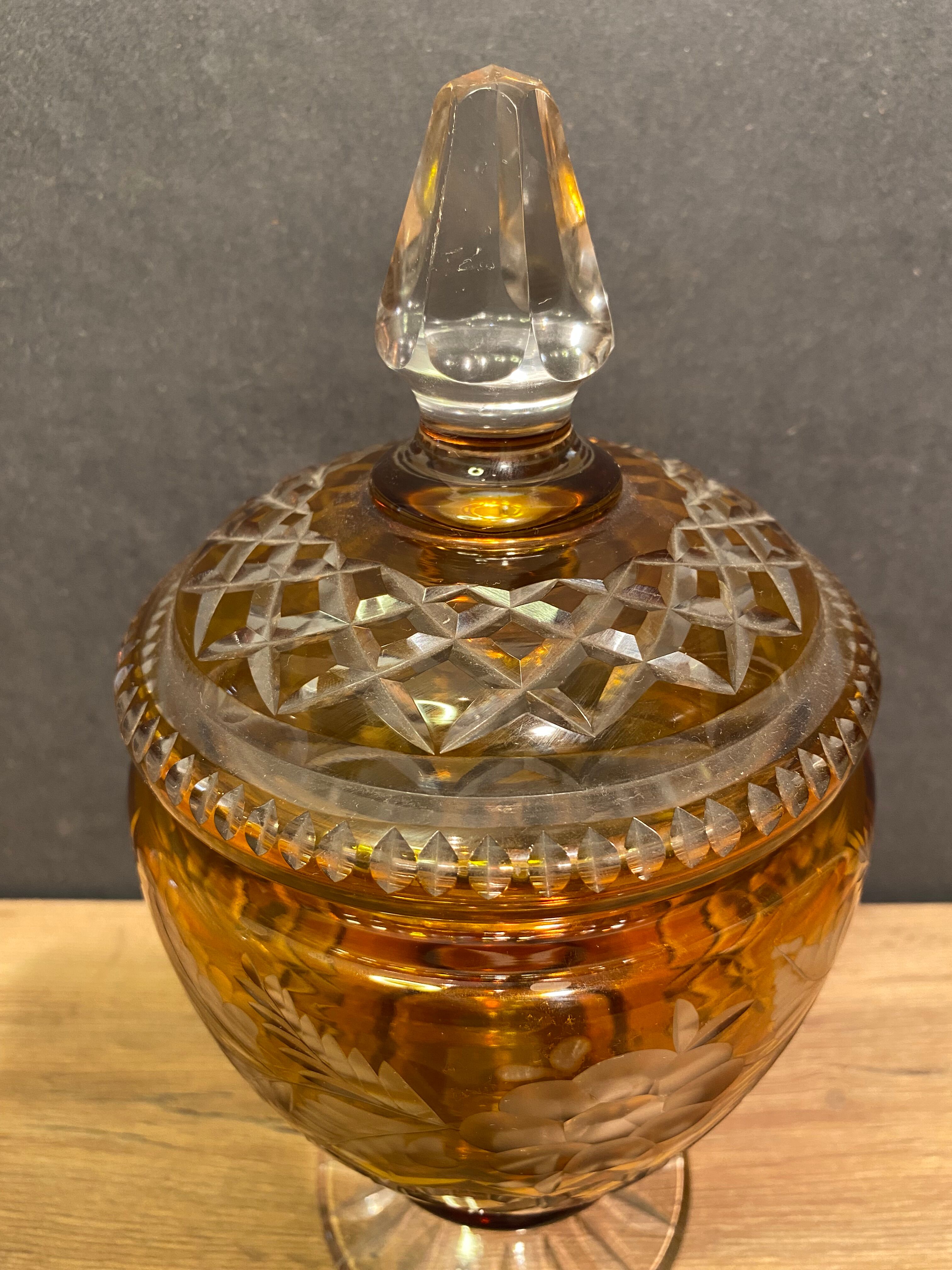 Very beautiful covered pot, crystal urn with cut and tinted decoration, bohemian twentieth