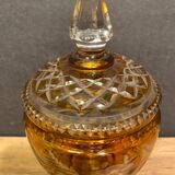 Very beautiful covered pot, crystal urn with cut and tinted decoration, bohemian twentieth