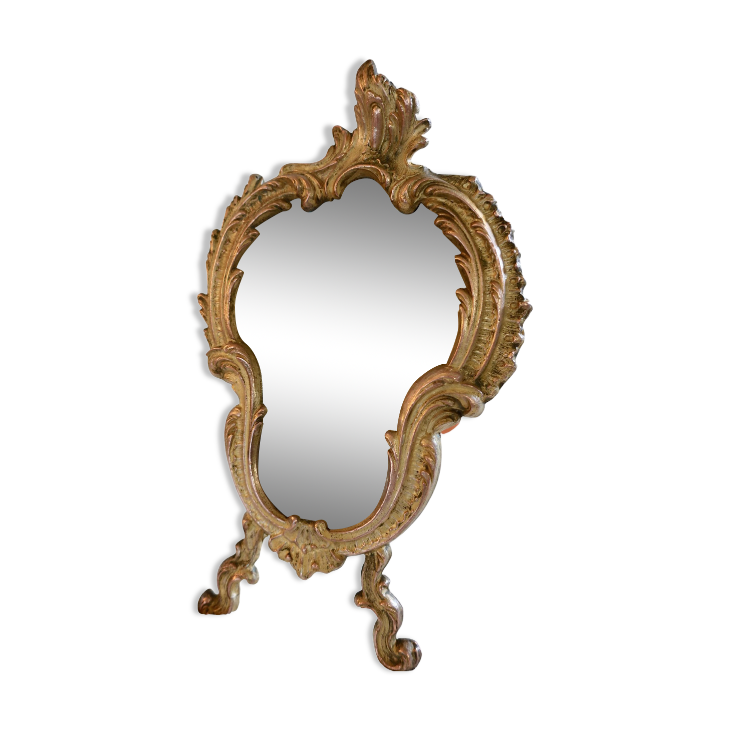Small vintage 19th century mirror or hand mirror, bronze, beveled glass, baroque, rococo style.