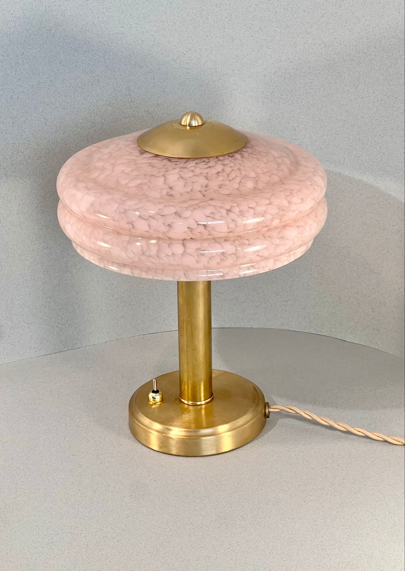 Art Deco mushroom table lamp, powdered pink Clichy glass