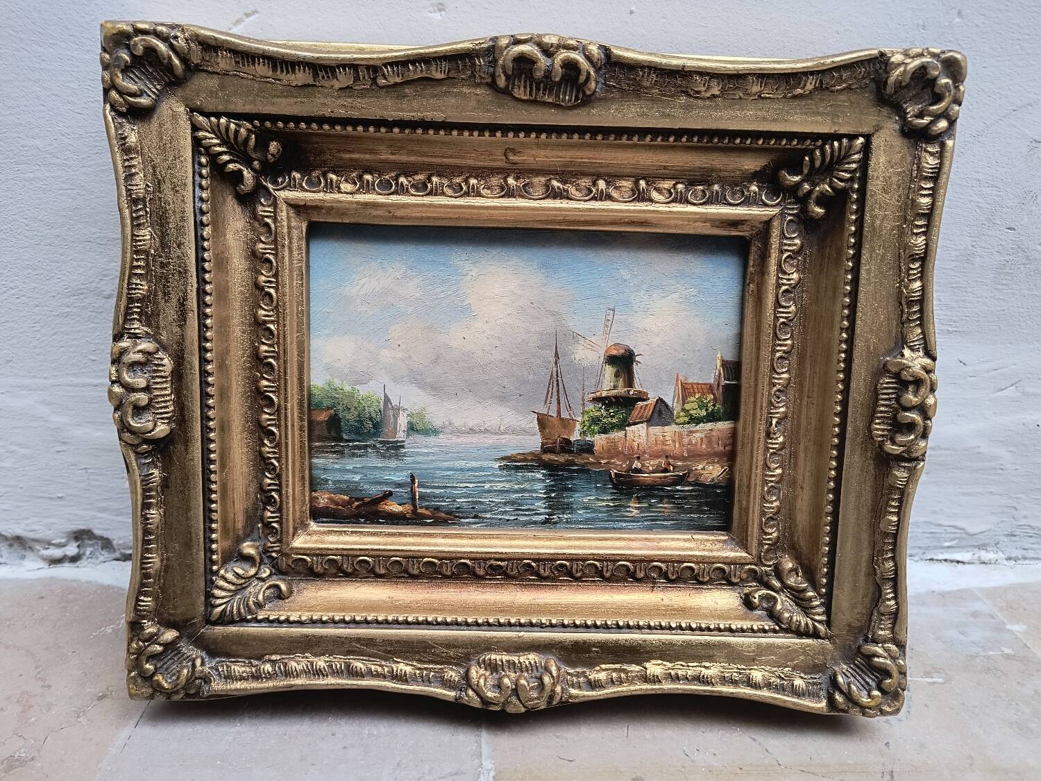Oil on canvas, Dutch harbour landscape - Very ornate wooden frame