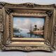 Oil on canvas, Dutch harbour landscape - Very ornate wooden frame