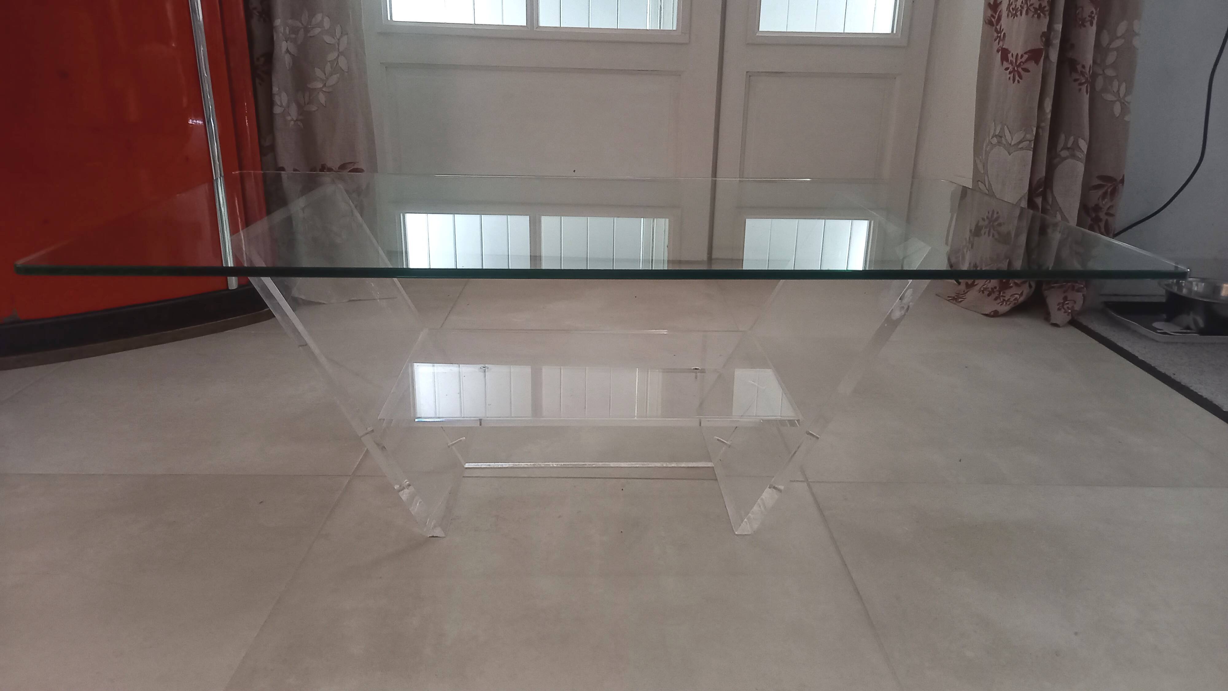 David Lange plexiglass and glass coffee table