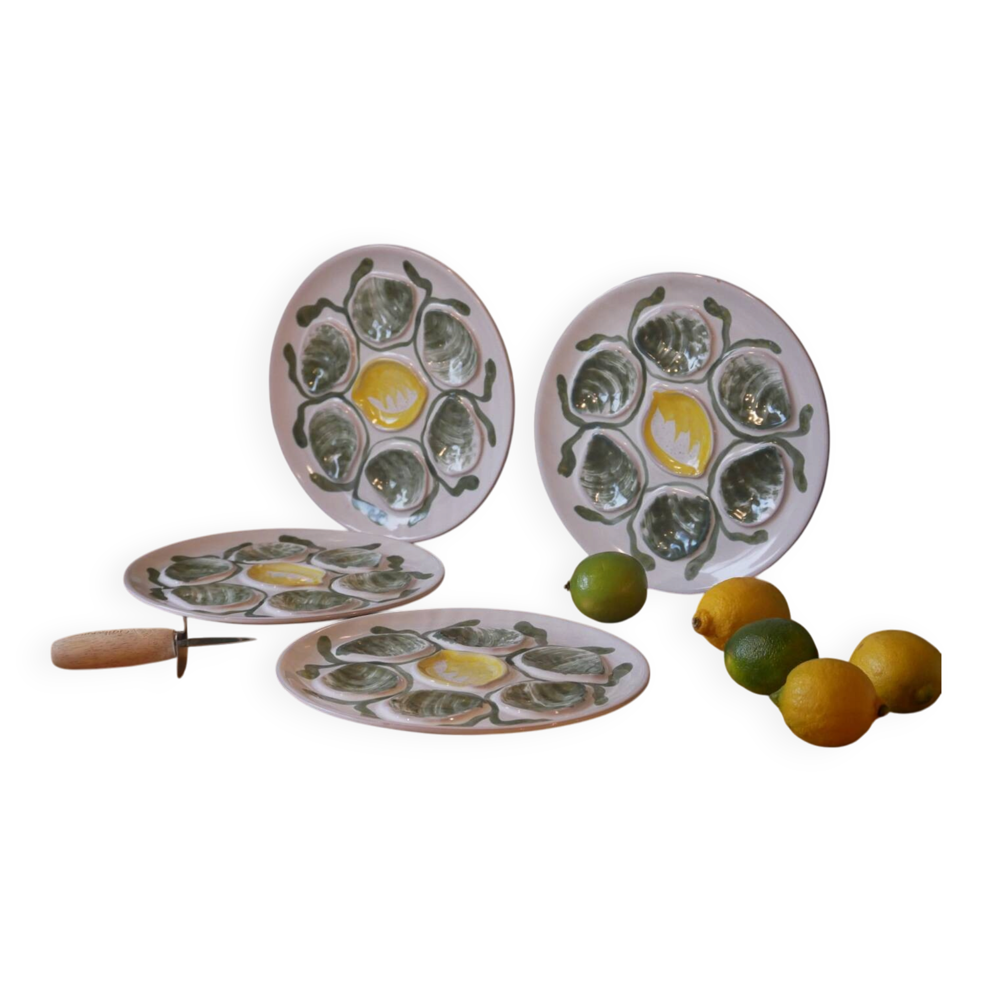 Set of 4 Belon earthenware oyster plates – 25 cm – yellow & green