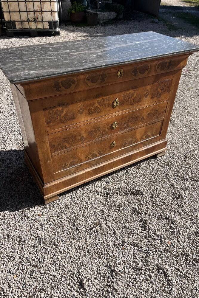 Antique chest of drawers with a grey marble top.