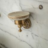 Antique washbasin cabinet from 1928 in wood and marble with a lighted mirror.