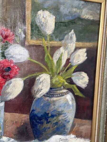 Original early century Swedish oil on canvas – "Tulips and Poppies" by Johan Jacobsson – vintage & framed 68 × 80 cm (26.8" × 31.5")