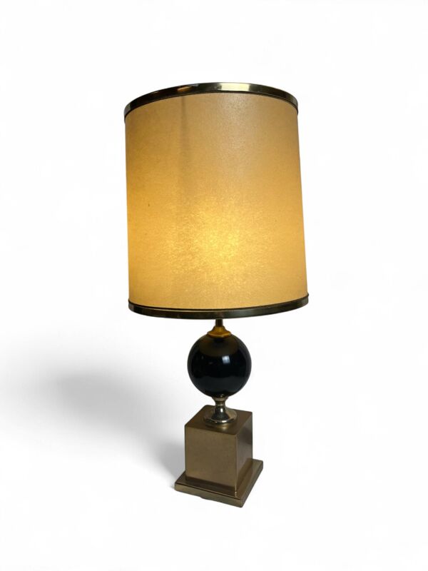 Vintage, lampe pied métal doré et laque noire abat-jour vers 1970