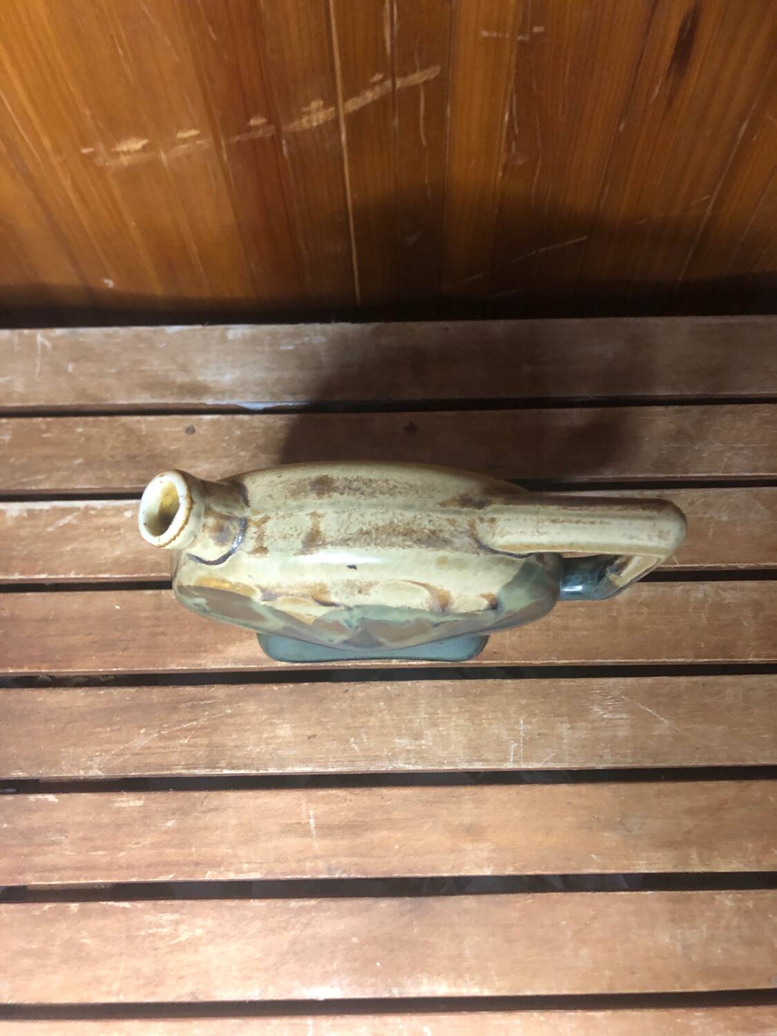 Old beige & green ceramic bottle + vintage handle