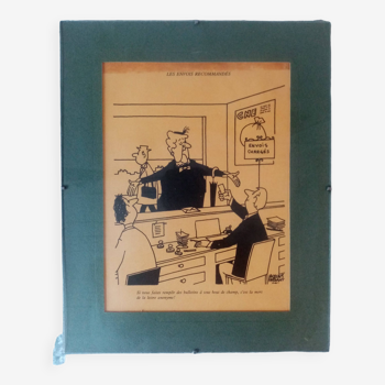 Superb and rare engraving mounted under glass signed Jacques Faizant, theme "the post office"