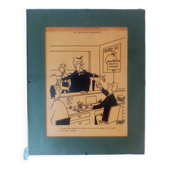 Superb and rare engraving mounted under glass signed Jacques Faizant, theme "the post office"