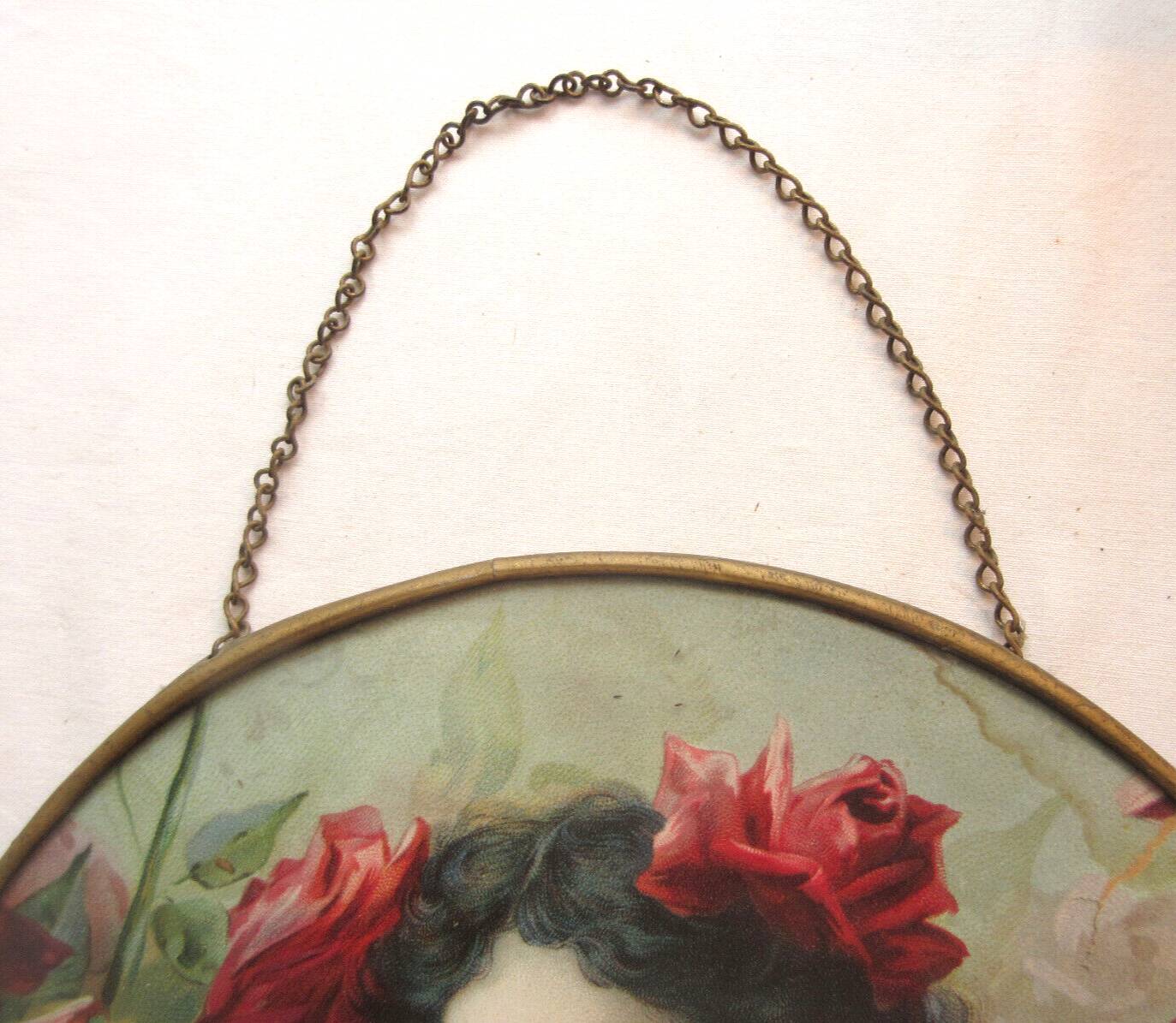 Round wall medallion frame, engraving of a woman with red roses, Art Deco