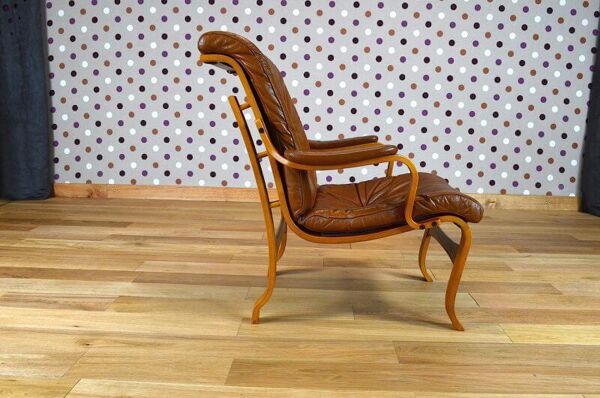 fauteuil Relax Scandinave En Bois Blond & cuir Vintage 1960