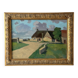 Large oil on panel of a Breton landscape 1950, antique painting signed.