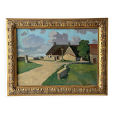 Large oil on panel of a Breton landscape 1950, antique painting signed.