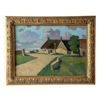 Large oil on panel of a Breton landscape 1950, antique painting signed.