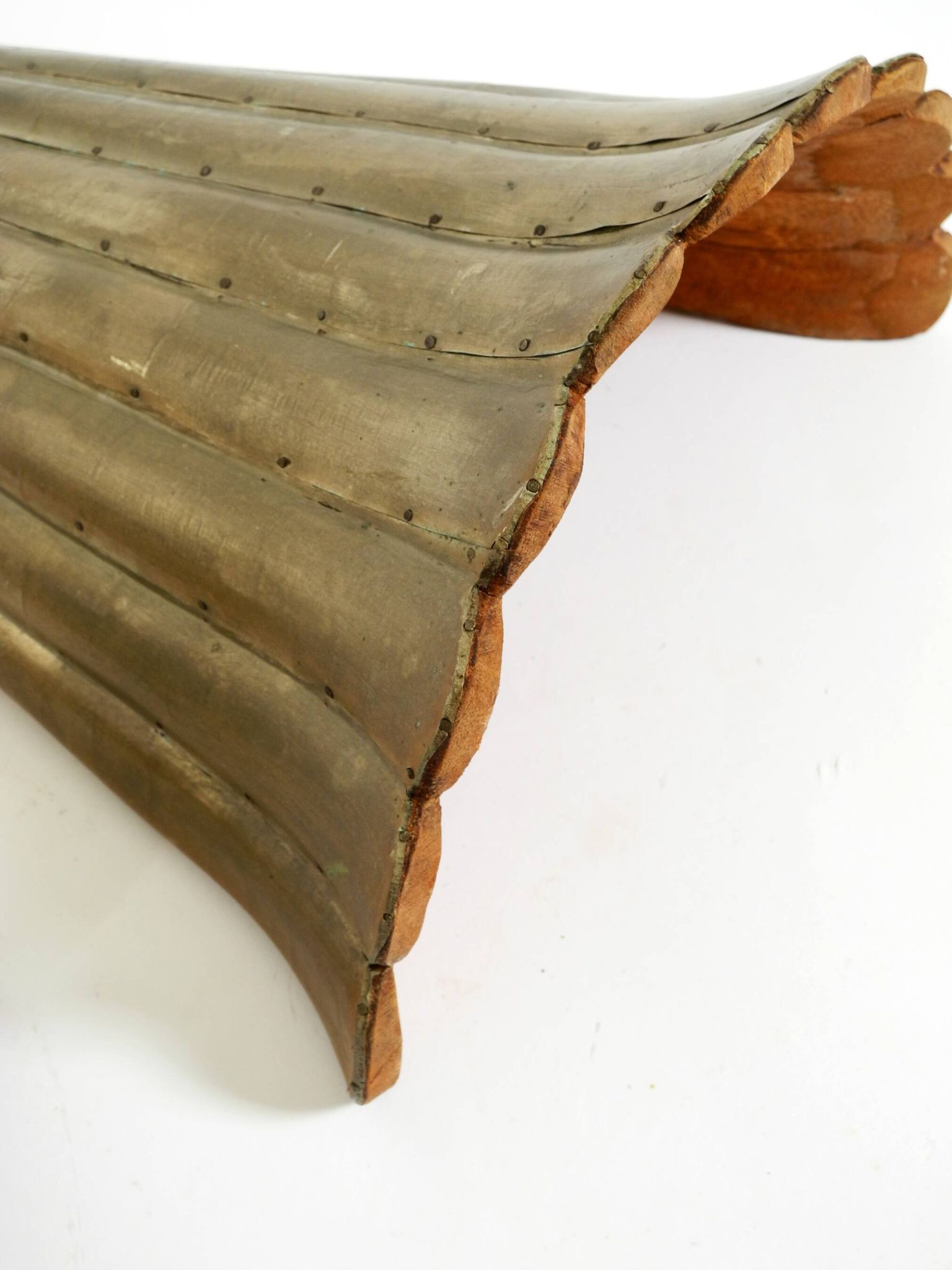 Two large, rare 1950s wall lamps made of wood with aluminum cladding