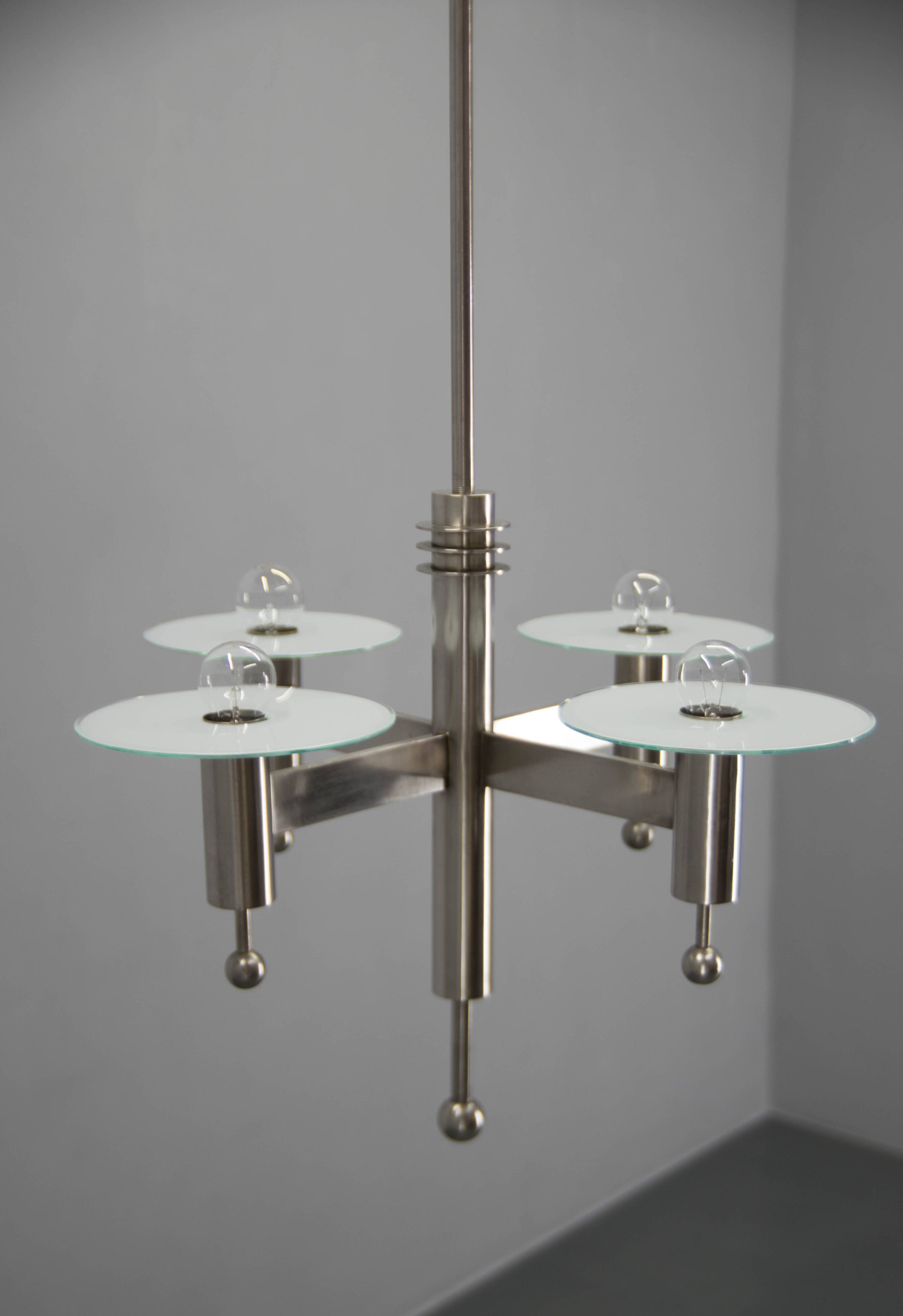 Machine Age Nickel-Plated 4-Flamming Chandelier, 1920s