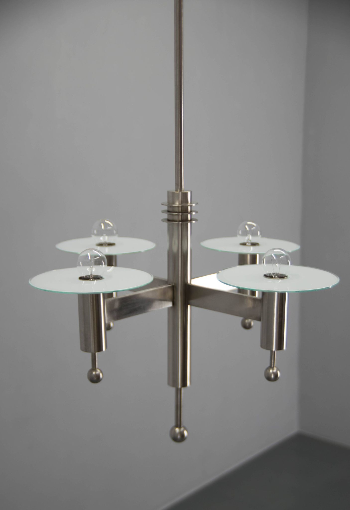 Machine Age Nickel-Plated 4-Flamming Chandelier, 1920s