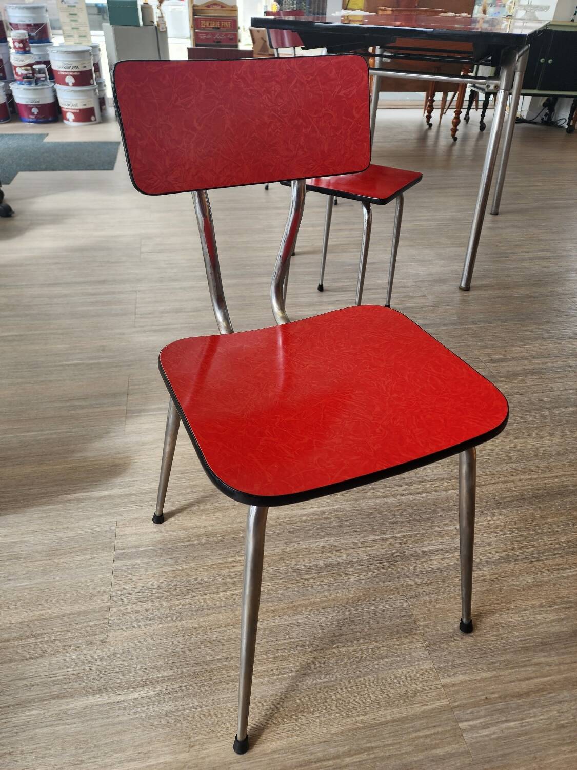Vintage Lafague red formica set, 1 table, 6 chairs and 1 stool