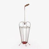 VINTAGE UMBRELLA STAND OF CURVED METAL, RED DETAILS AND A BAMBOO HANDLE, 1950S