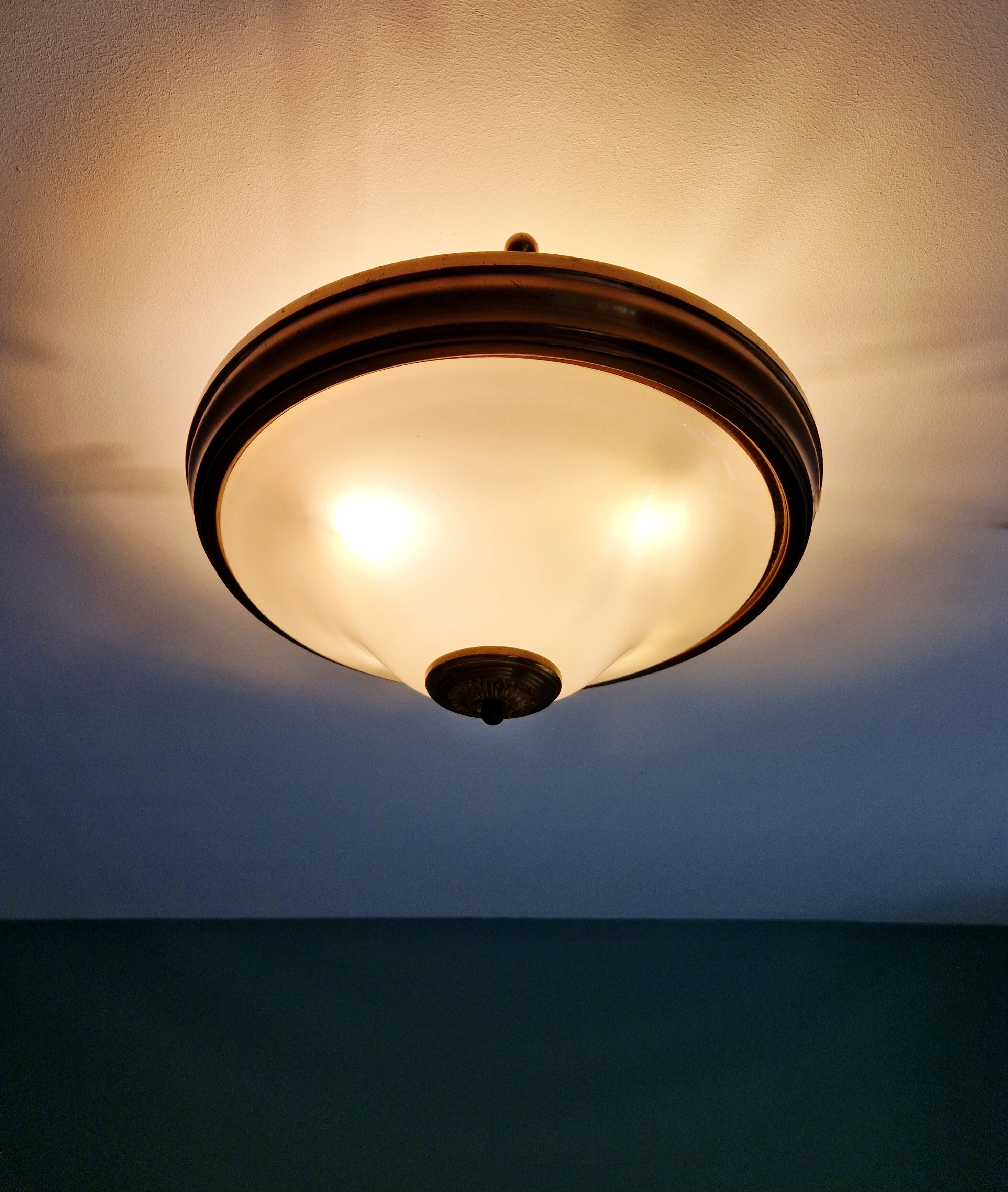 Mid-century ceiling light in brass and white opaline, 1950s