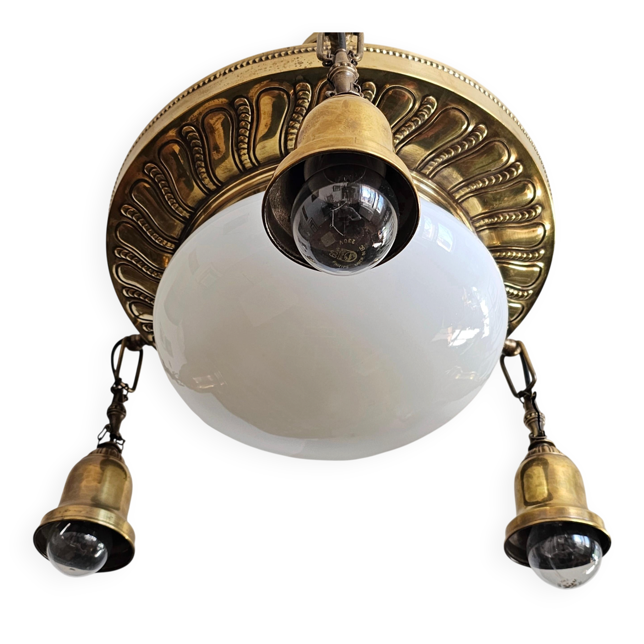 Polished Brass Art Nouveau Chandelier with Opaline Glass Dome