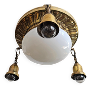 Polished Brass Art Nouveau Chandelier with Opaline Glass Dome