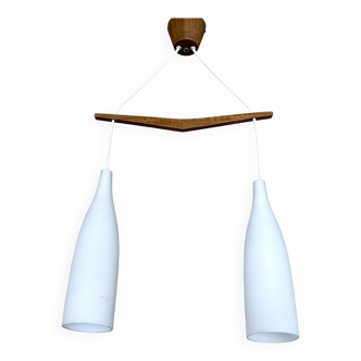 Mid Century Scandinavian  Pendant Light, Teak Glass