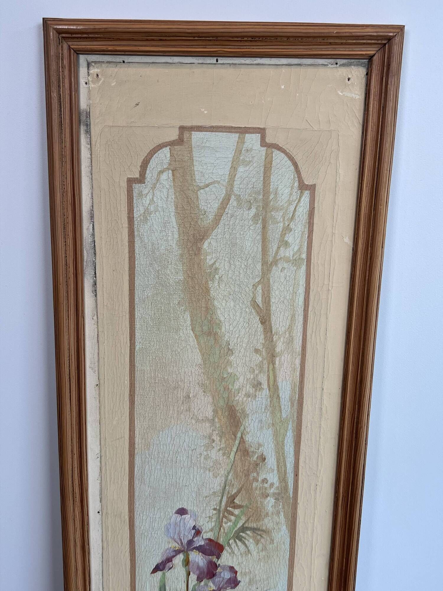 Pair of Art Nouveau Decorative Panels with Purple and Yellow Irises. Work