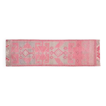 1970s Vintage Turkish Oushak Handmade Wool Cotton Pink Runner Rug 90x312