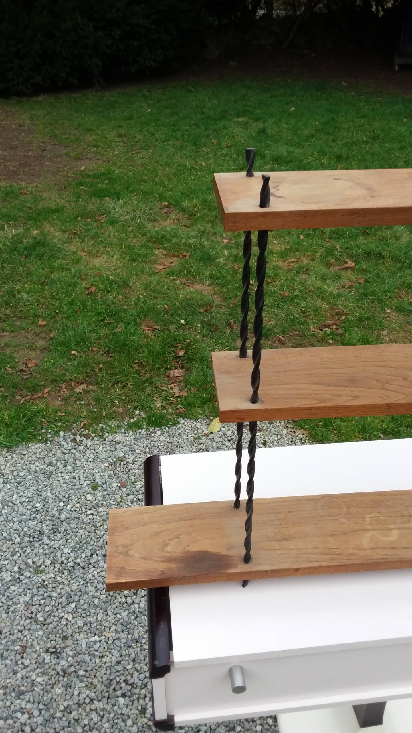 Vintage asymmetrical wall shelf in solid oak and metal from the 60s