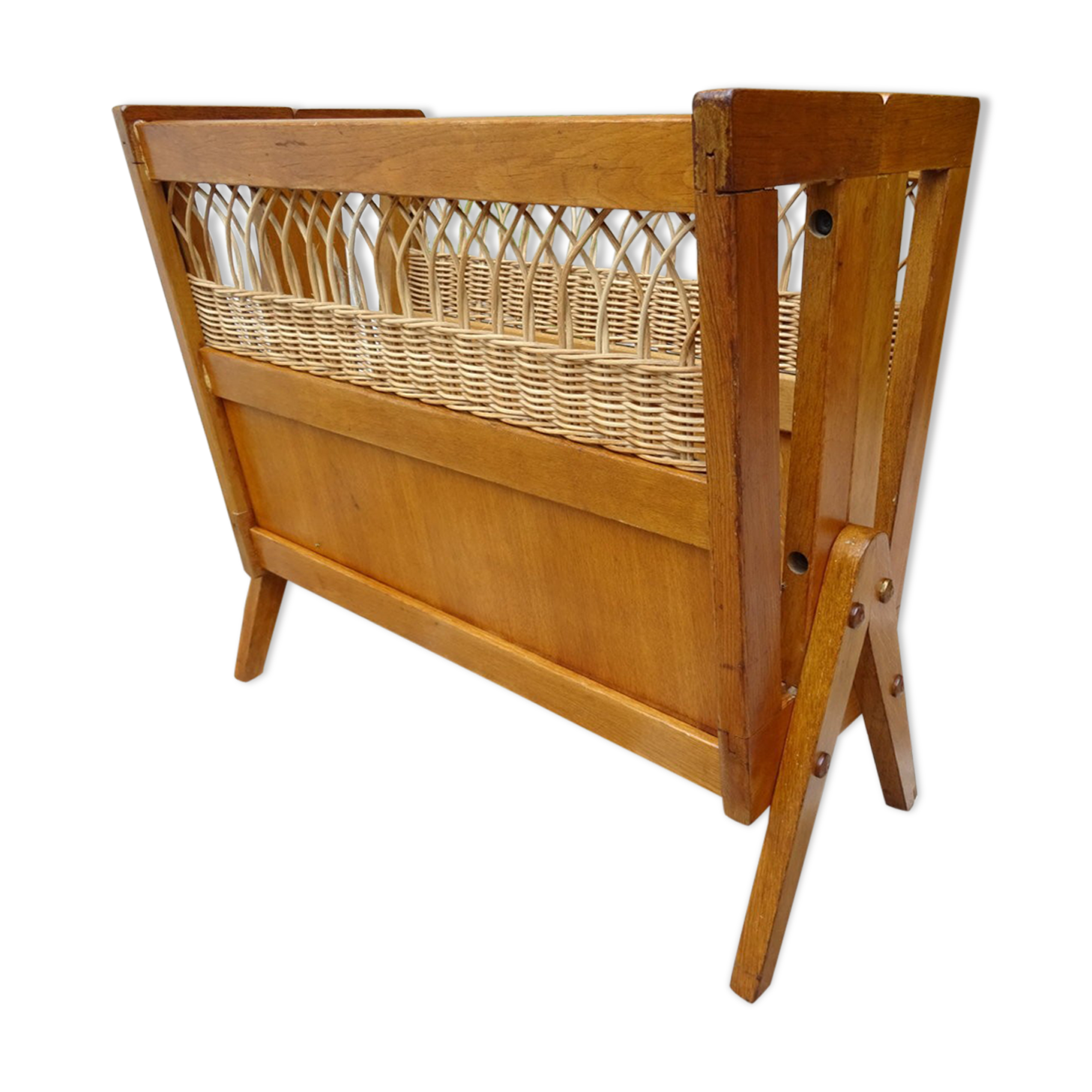 Oak and rattan magazine rack