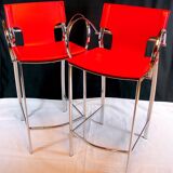 Late 20th Century Chrome and Red Leather Stools - a Pair