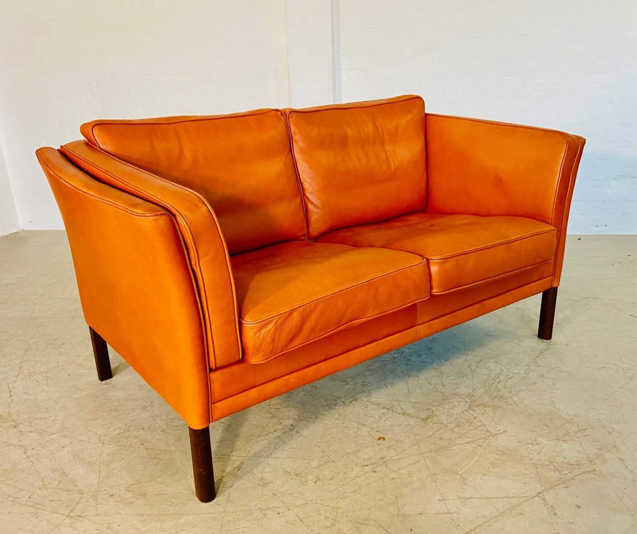 Vintage retro Danish Mogens Hansen 2 person cognac leather sofa