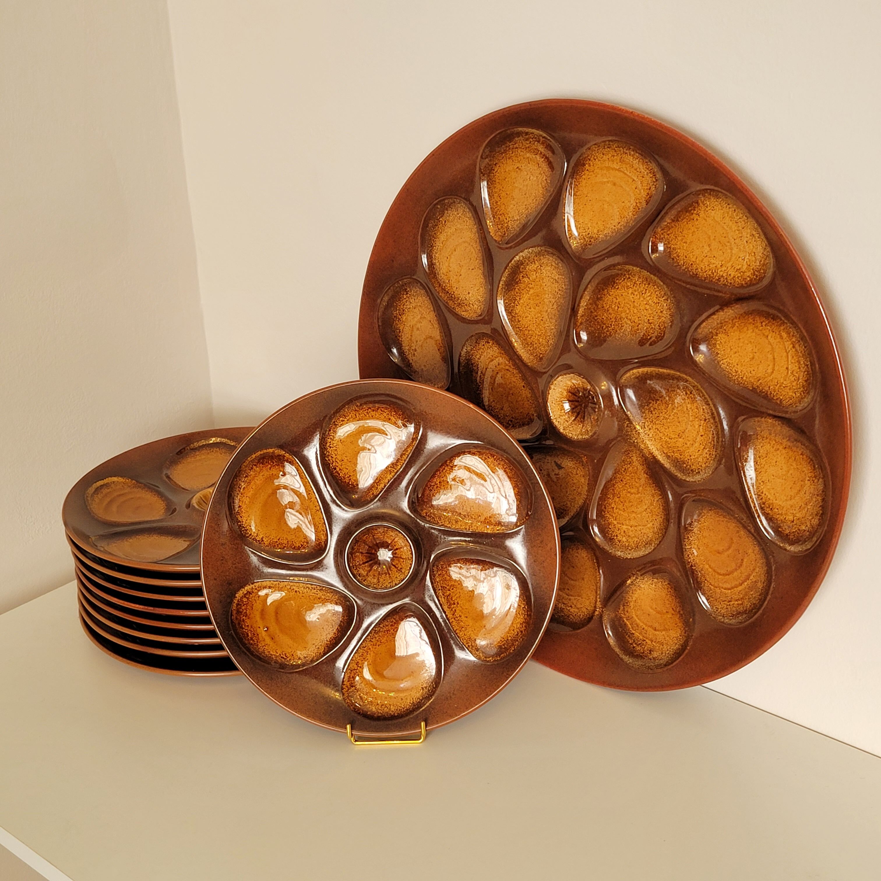 Vintage oyster service Salins earthenware France 9 plates and dish