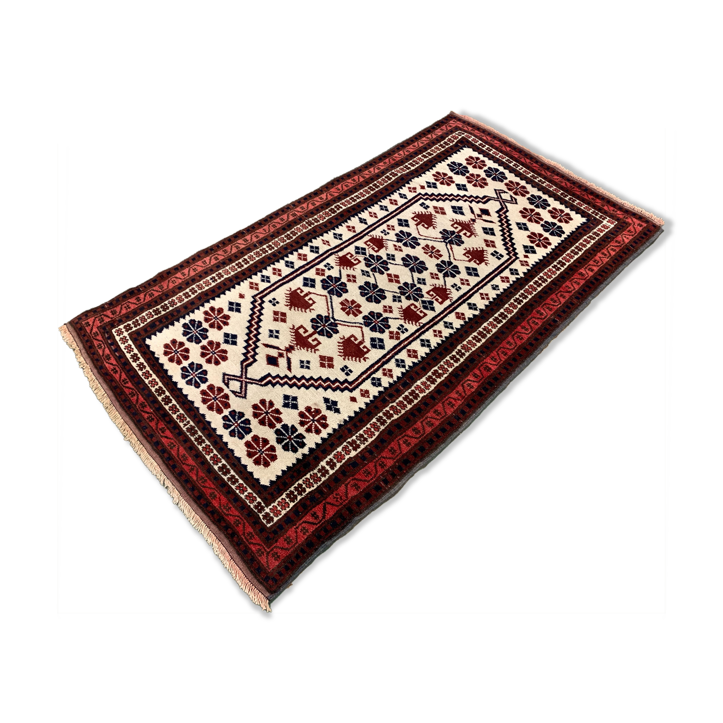 Old Turkish Rug Oriental 160x92 cm vintage tribal carpet, Red and Blue