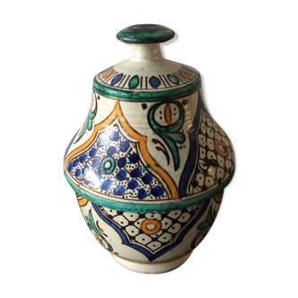Multicolored ceramic Berber pot with vintage lid