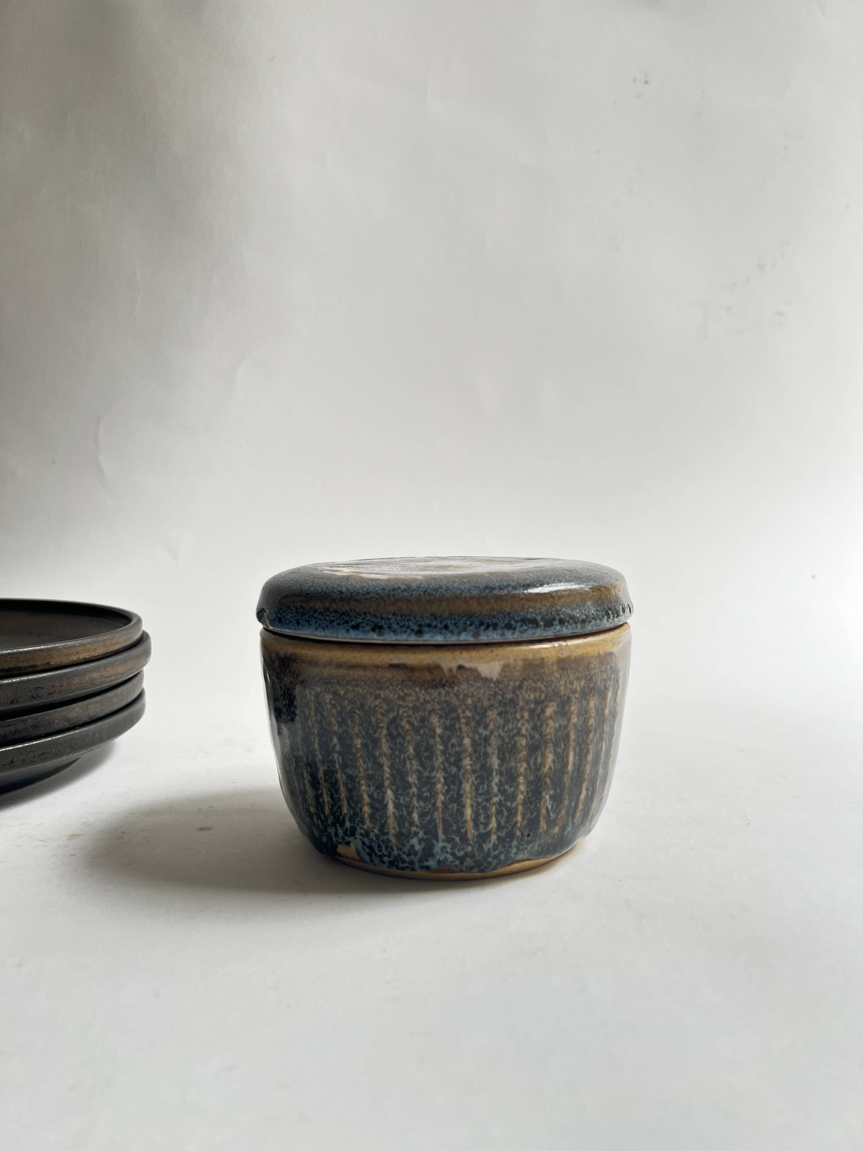 Deep blue glazed ceramic box, signed Abbaye Font Gombault, France