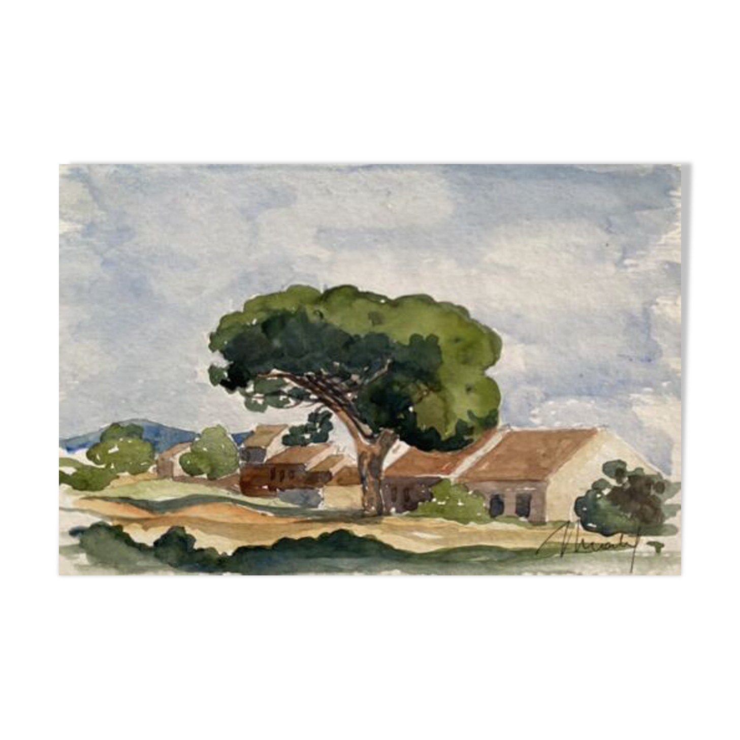 Watercolor painting "the wooded village" by jean-francois devaliere (1926-2021)