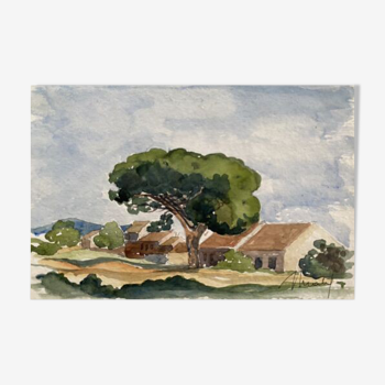 Tableau aquarelle « le village arboré » par jean-francois devaliere (1926-2021)