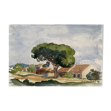 Watercolor painting "the wooded village" by jean-francois devaliere (1926-2021)