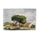 Watercolor painting "the wooded village" by jean-francois devaliere (1926-2021)