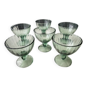 6 Cups on foot in green molded pressed glass