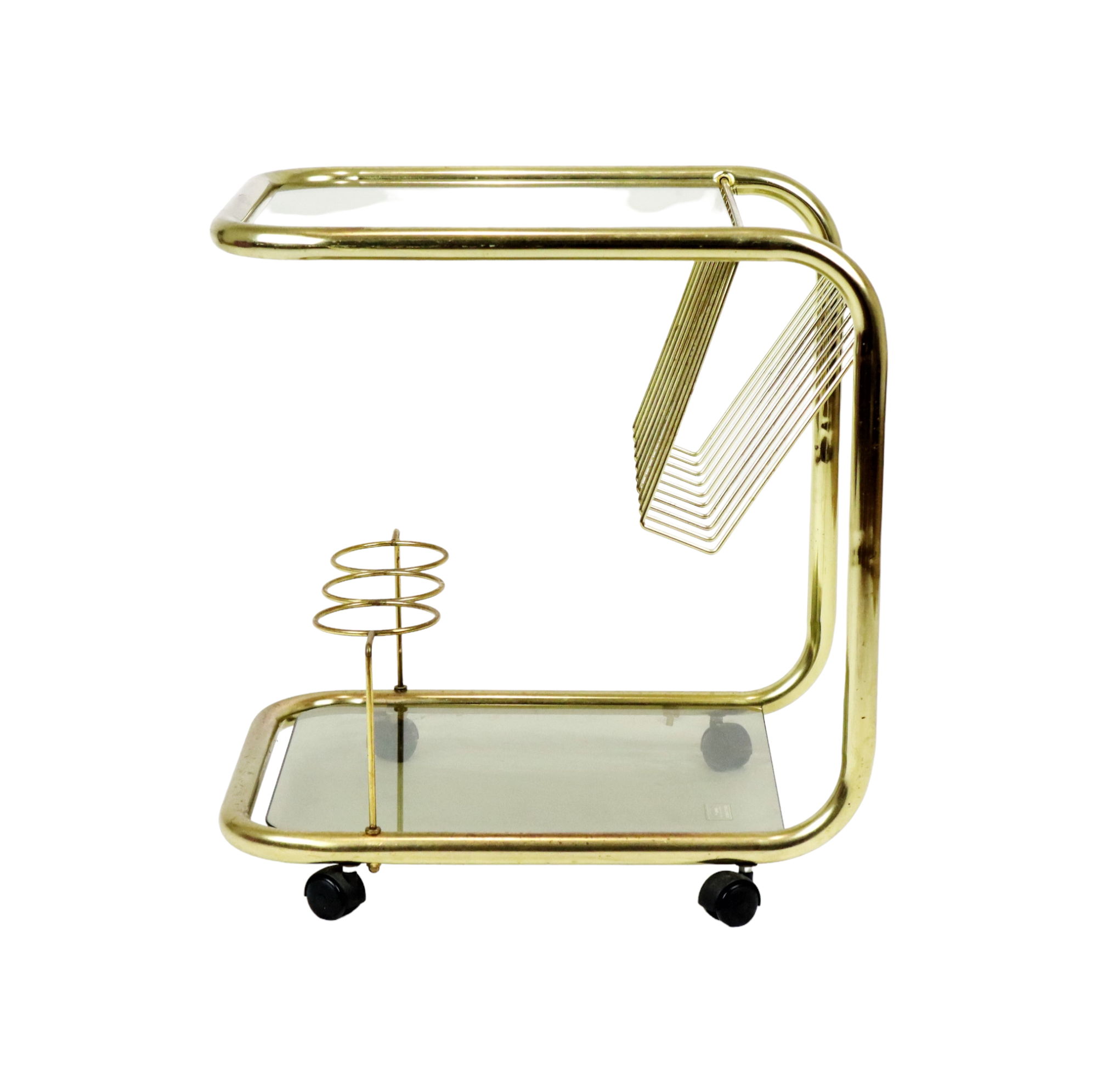 Vintage smoked glass trolley bar magazine rack side table milo baughman style italy 53cm