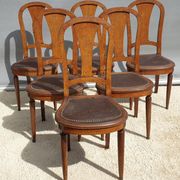 Lot 6 Art Deco chairs in Walnut style Louis XVI seat leather decorated with roses
