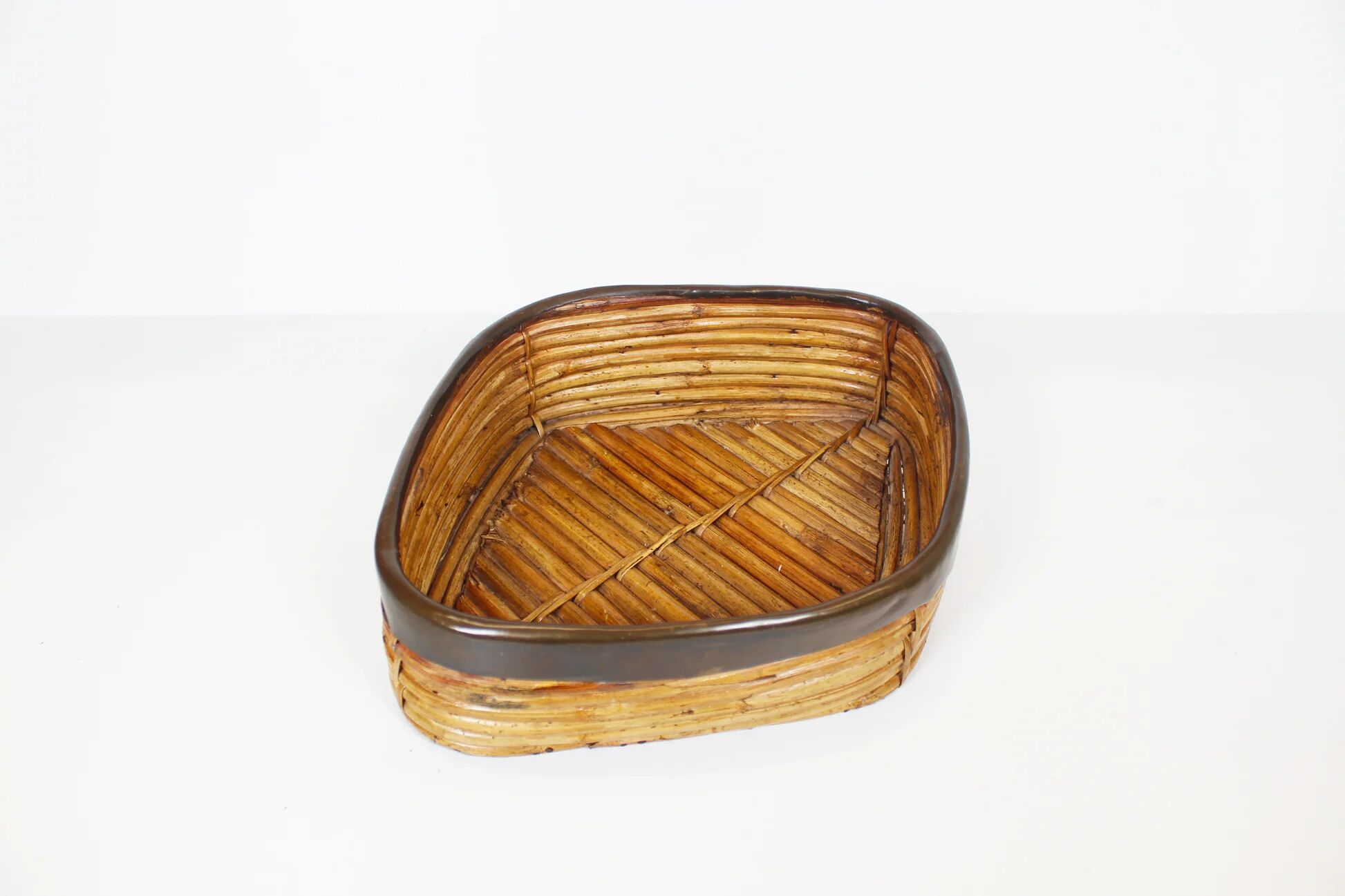 1970s rattan and brass basket by Gabriella Crespi