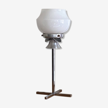 Table lamp in white opaline glass and chrome metal base vintage bedside side LAMP-7145